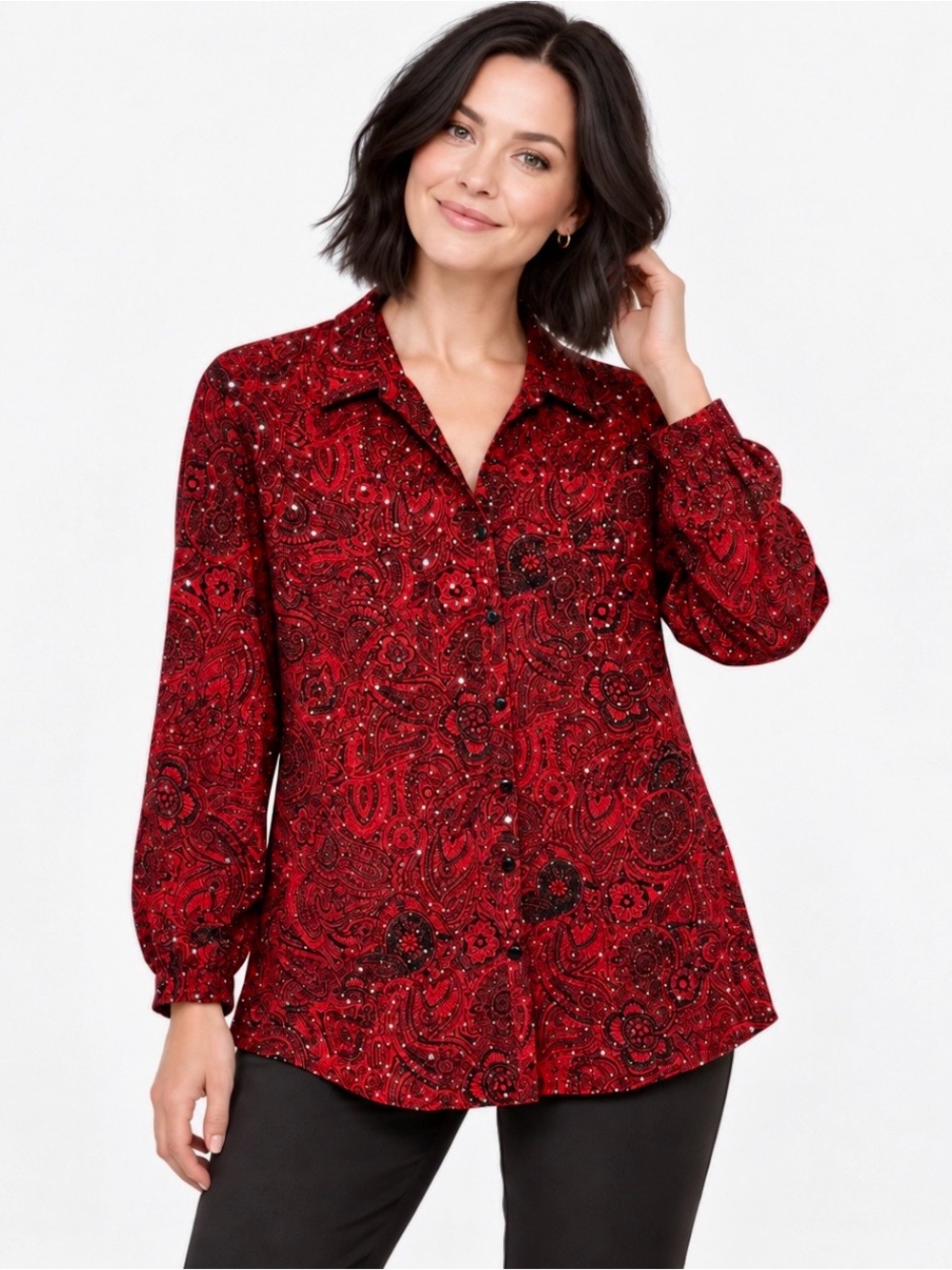 Rebecca Malone Red Black Paisley Sequin Button Down Blouse Size XL